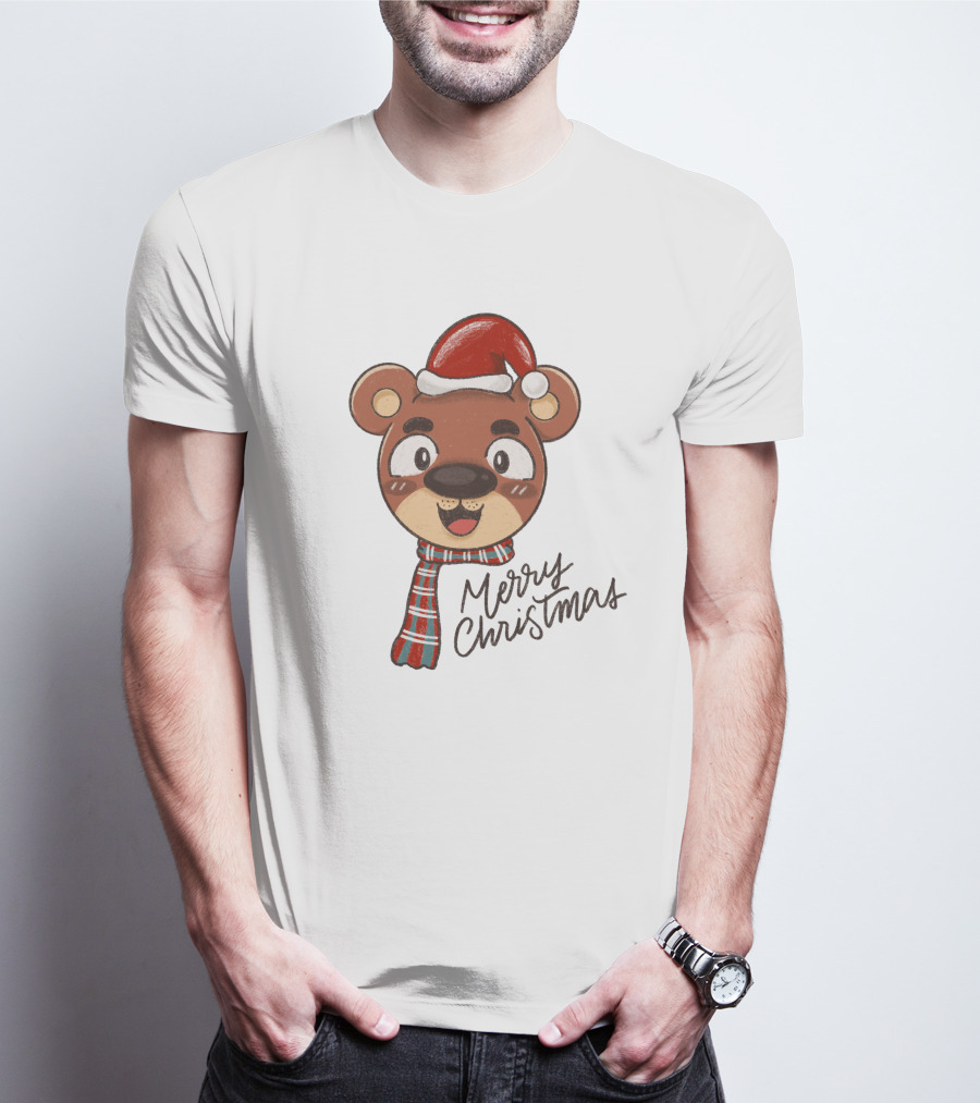Merry Christmas Bear Wearing Santa Hat And Scarf T-Shirt