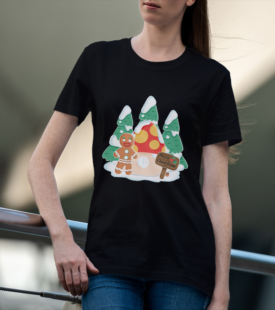 Merry Christmas Gingerman House With Snowy Trees And Mushroom Roof T-Shirt