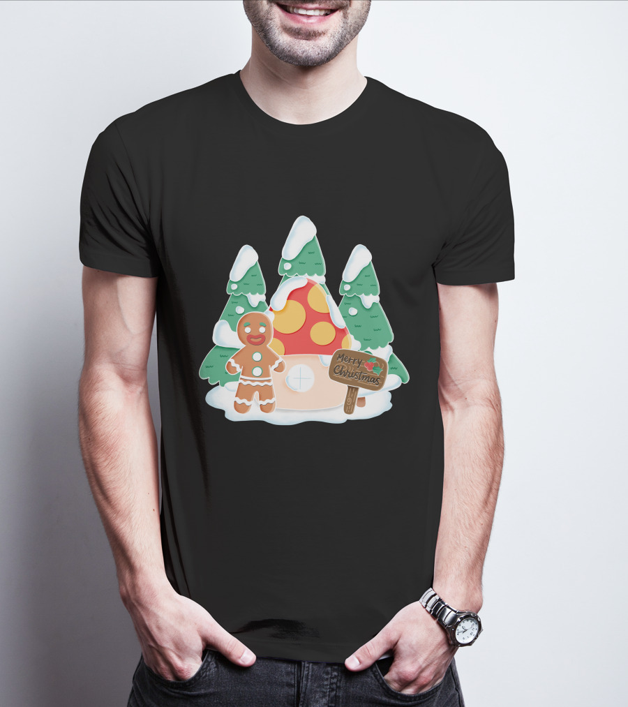 Merry Christmas Gingerman House With Snowy Trees And Mushroom Roof T-Shirt