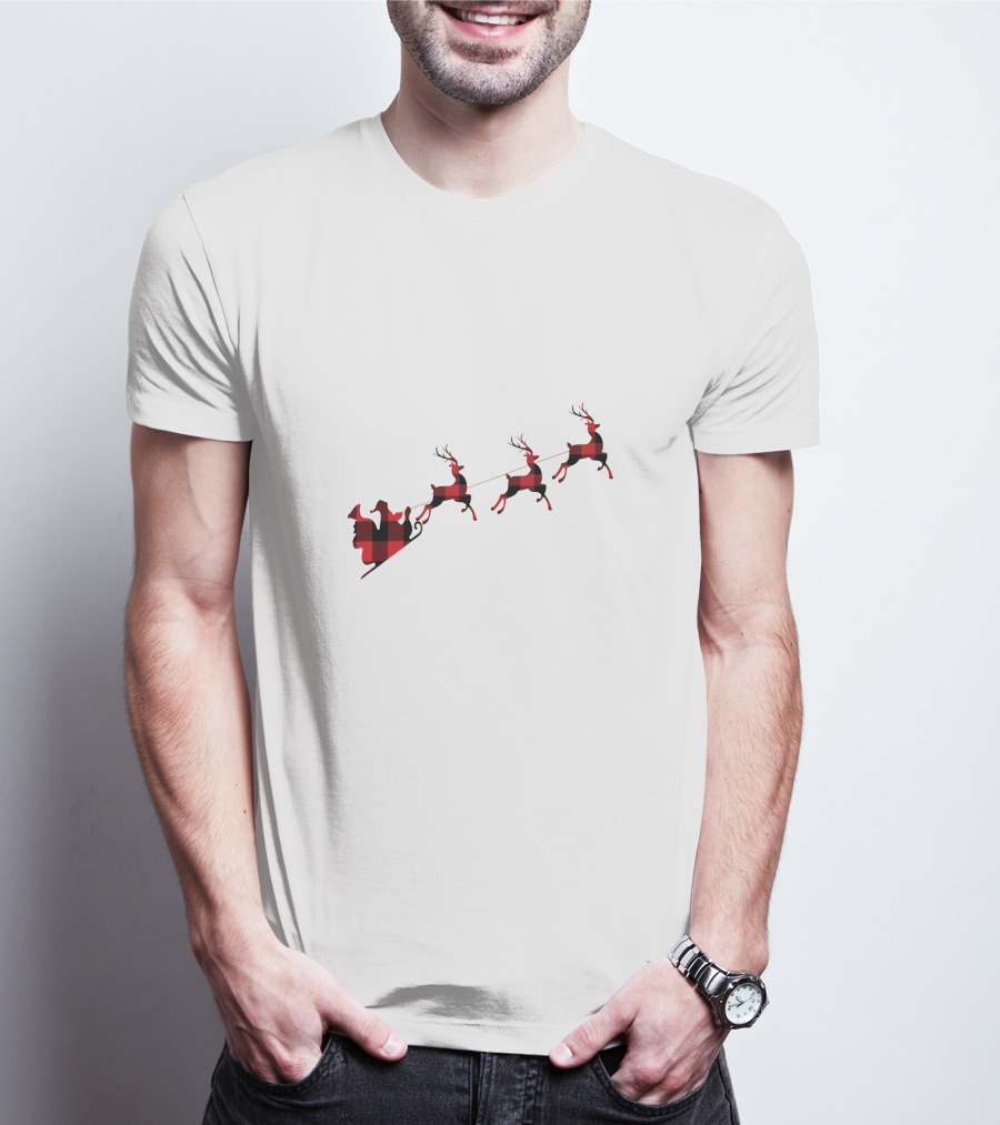 Buffalo Plaid Santa's Sleigh And Reindeers T-Shirt