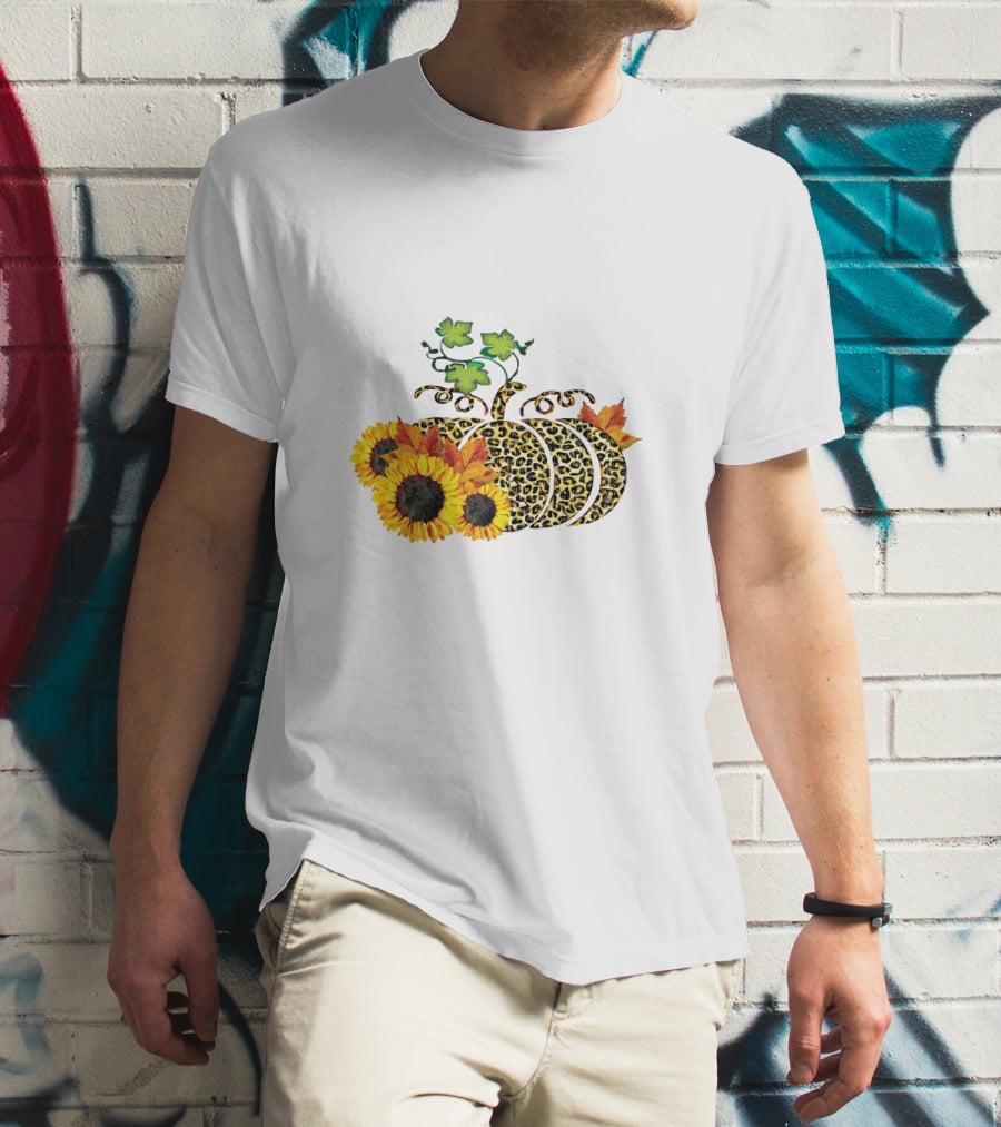 Thanksgiving Leopard Pumpkin Sunflowers And Leaves T-Shirt