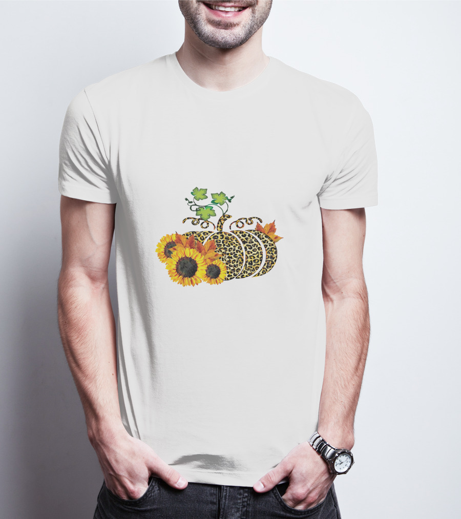 Thanksgiving Leopard Pumpkin Sunflowers And Leaves T-Shirt