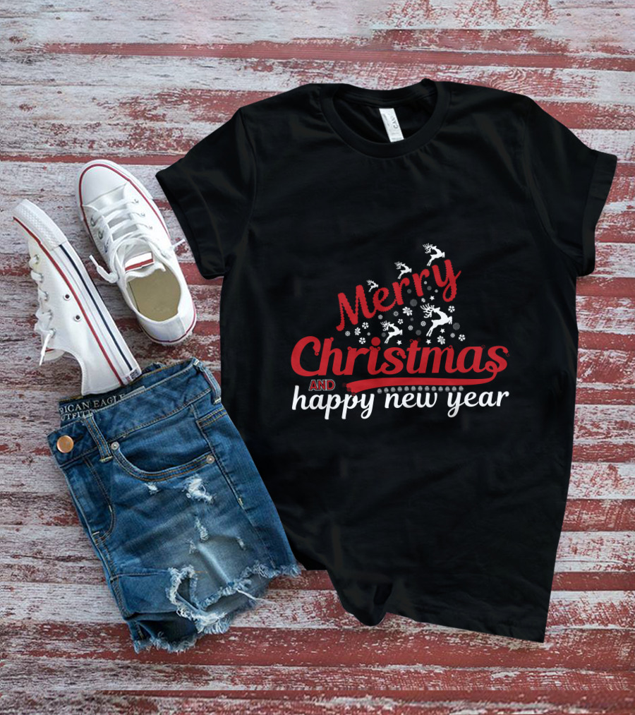 Merry Christmas And Happy New Year Reindeer Snowflakes T-Shirt