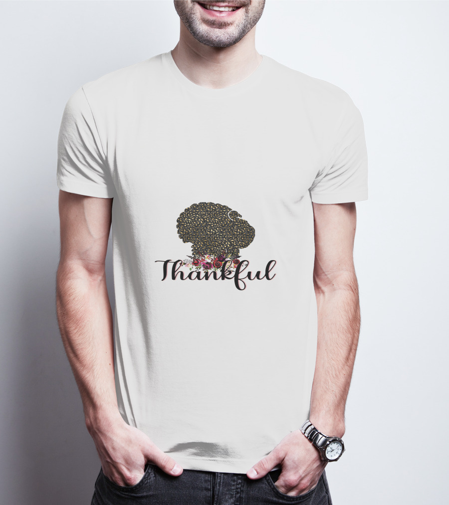 Thankful Leopard Print Turkey With Floral Accents T-Shirt