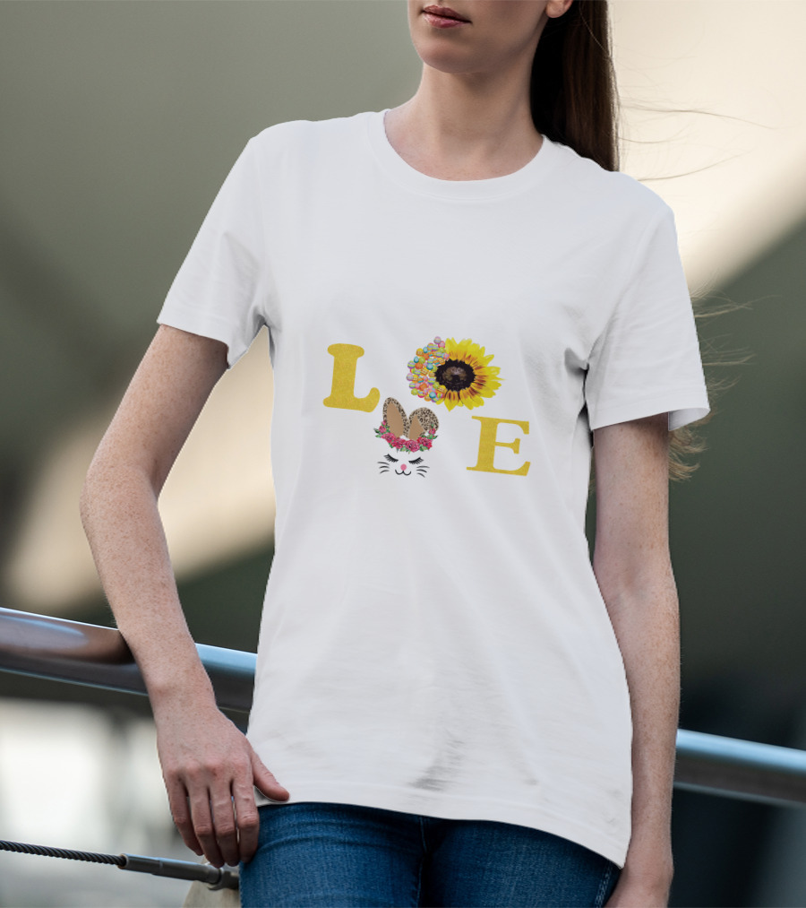 Love Sunflower Bunny With Floral Ears And Cheetah Print Bow T-Shirt