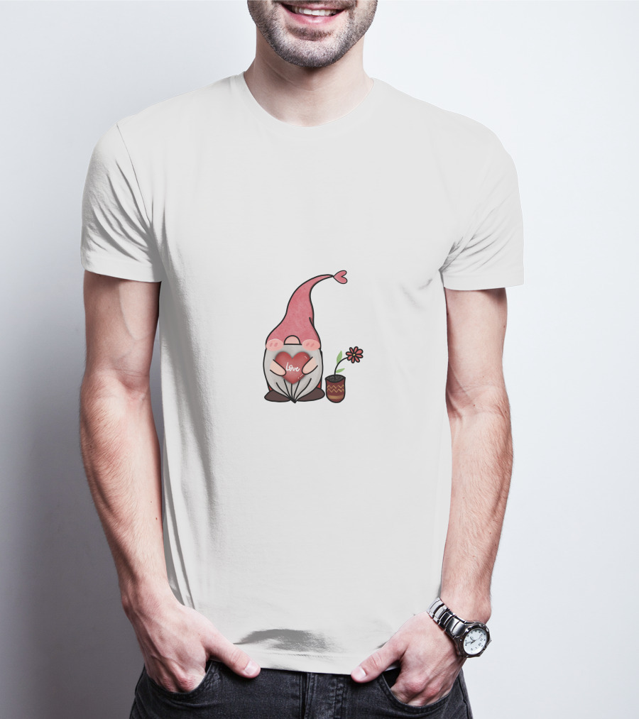 Love Heart Gnome With Flower Pot T-Shirt