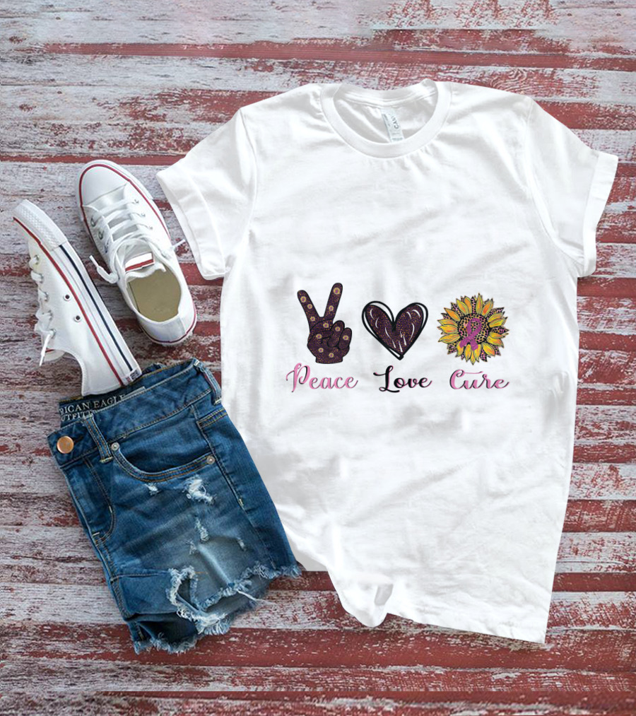 Peace Love Cure Breast Cancer Sunflower Heart And Peace Sign T-Shirt