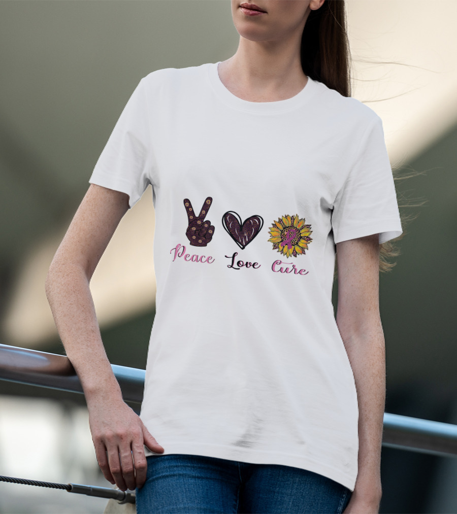 Peace Love Cure Breast Cancer Sunflower Heart And Peace Sign T-Shirt