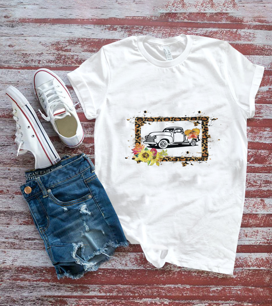 Truck With Pumpkins And Leopard Print Frame With Sunflowers T-Shirt