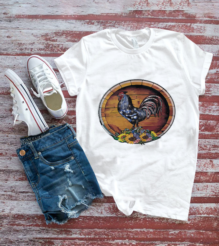 USA Rooster On Wine Barrel With Sunflowers T-Shirt