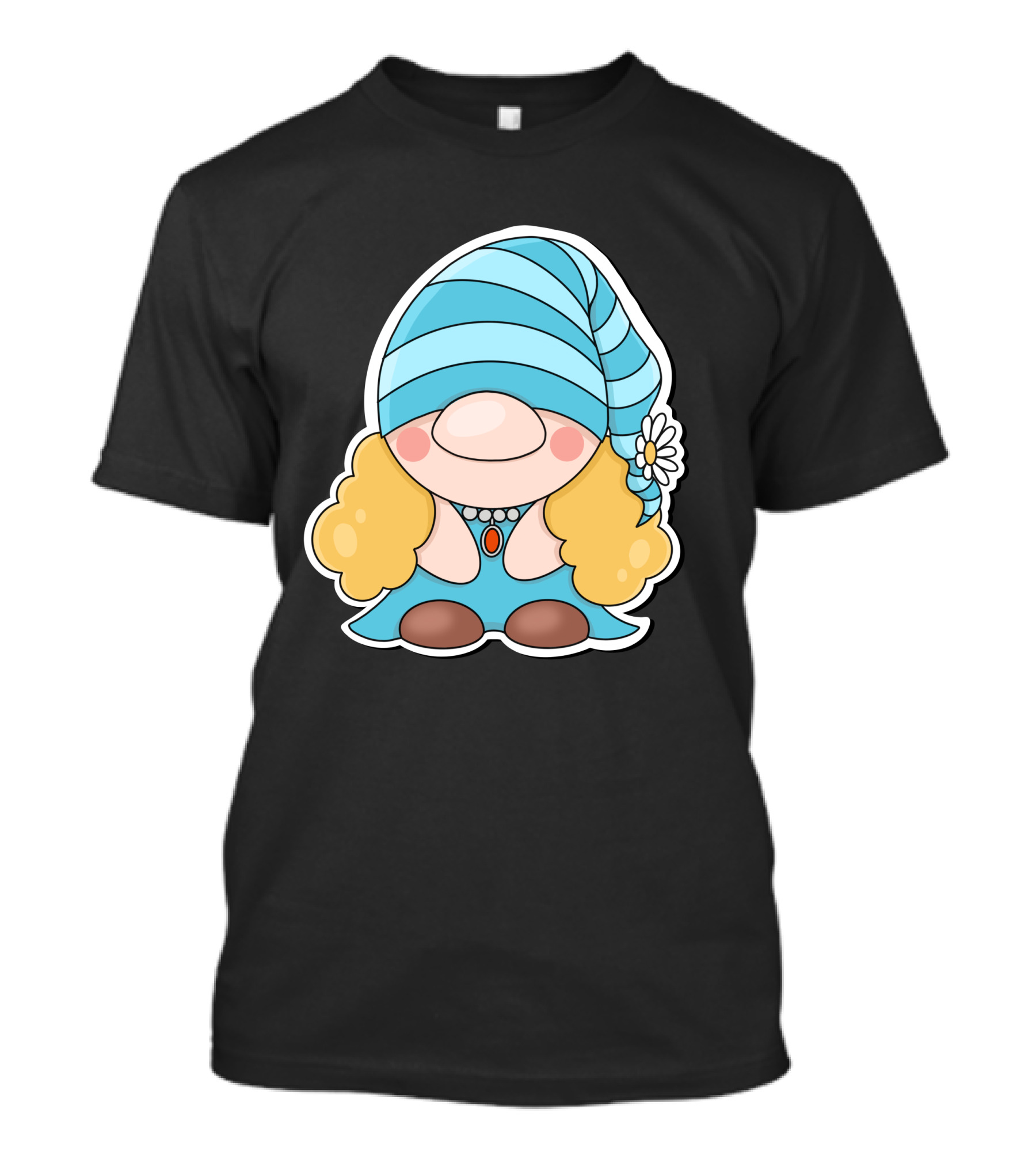 Gnome Sticker Blue Hat Daisy Blonde Hair Cute Comic T-Shirt
