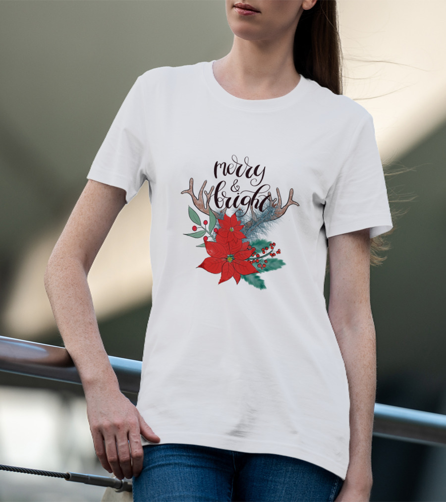 Merry And Bright Antler Poinsettia Christmas Florals T-Shirt