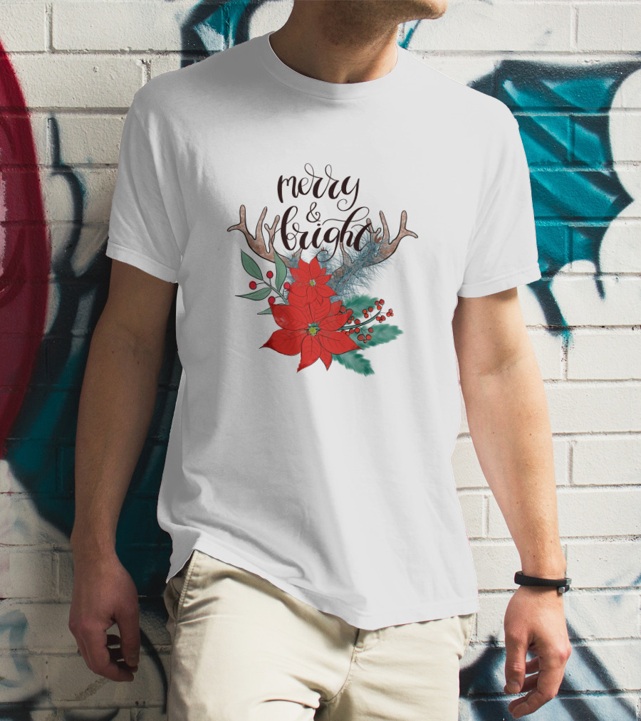 Merry And Bright Antler Poinsettia Christmas Florals T-Shirt