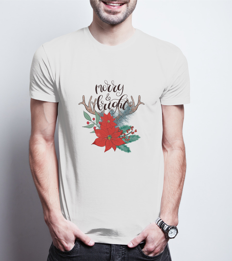 Merry And Bright Antler Poinsettia Christmas Florals T-Shirt