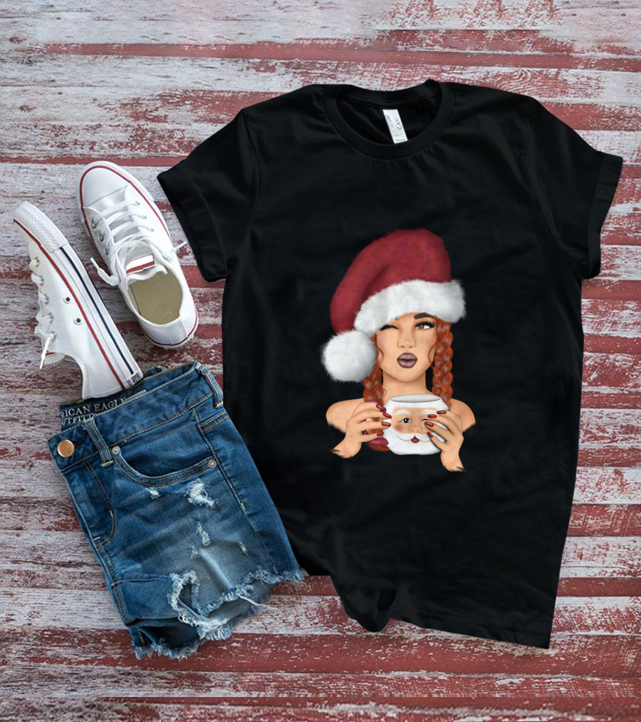 Christmas Red Hair Girl With Santa Hat And Santa Mug T-Shirt