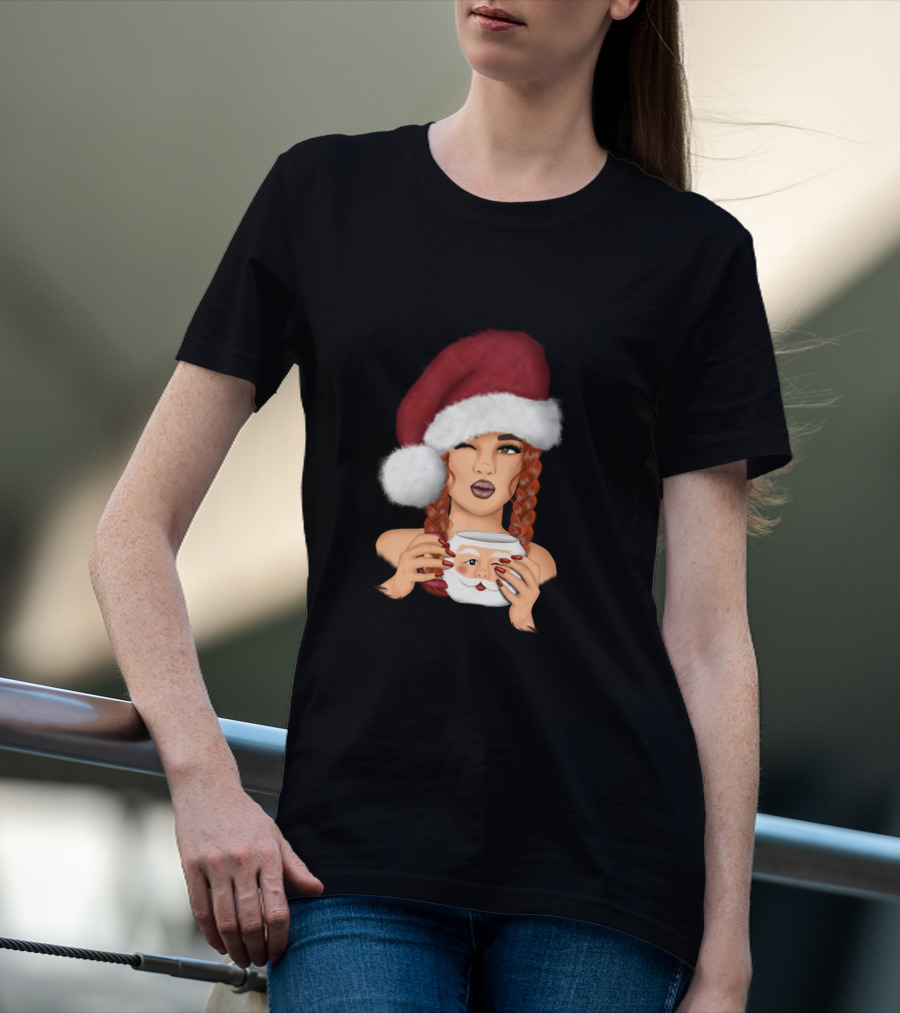 Christmas Red Hair Girl With Santa Hat And Santa Mug T-Shirt