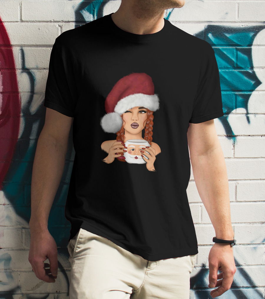 Christmas Red Hair Girl With Santa Hat And Santa Mug T-Shirt