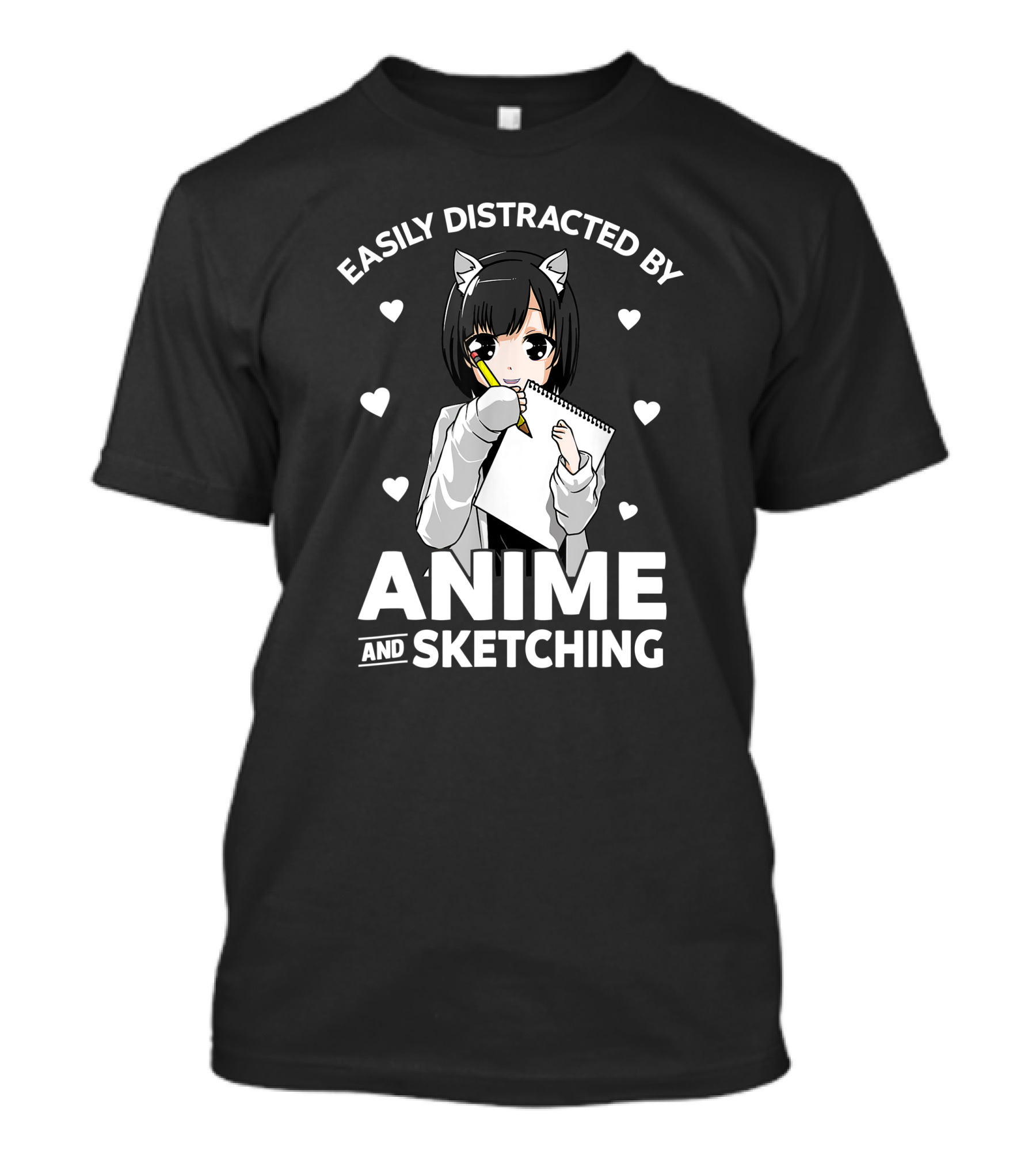 Easily Distracted By Anime And Sketching Cute Anime Girl With Sketchbook And Hearts T-Shirt