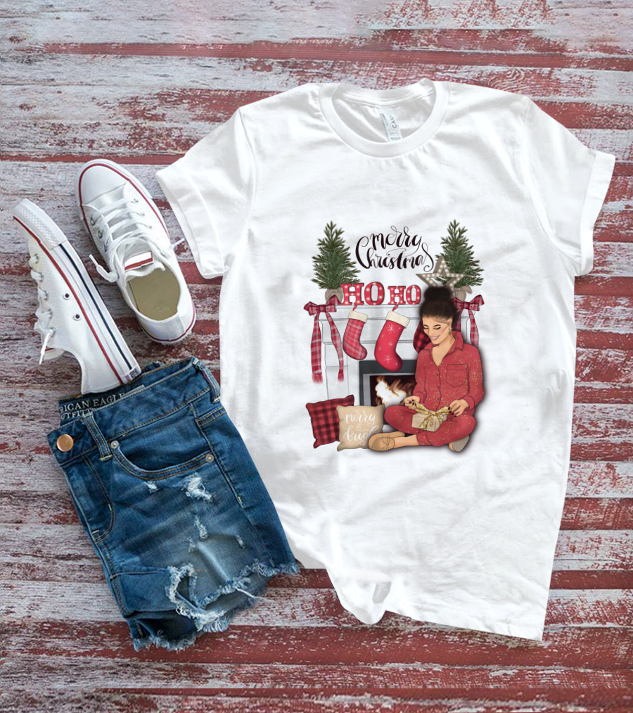 Merry Christmas Ho Ho Ho Girl By Fireplace With Stockings And Christmas Tree Decor T-Shirt
