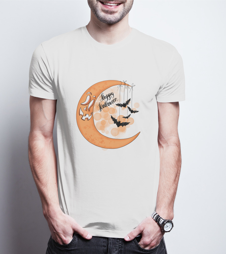 Happy Halloween Moon With Bats And Jack-O'-Lantern Face T-Shirt