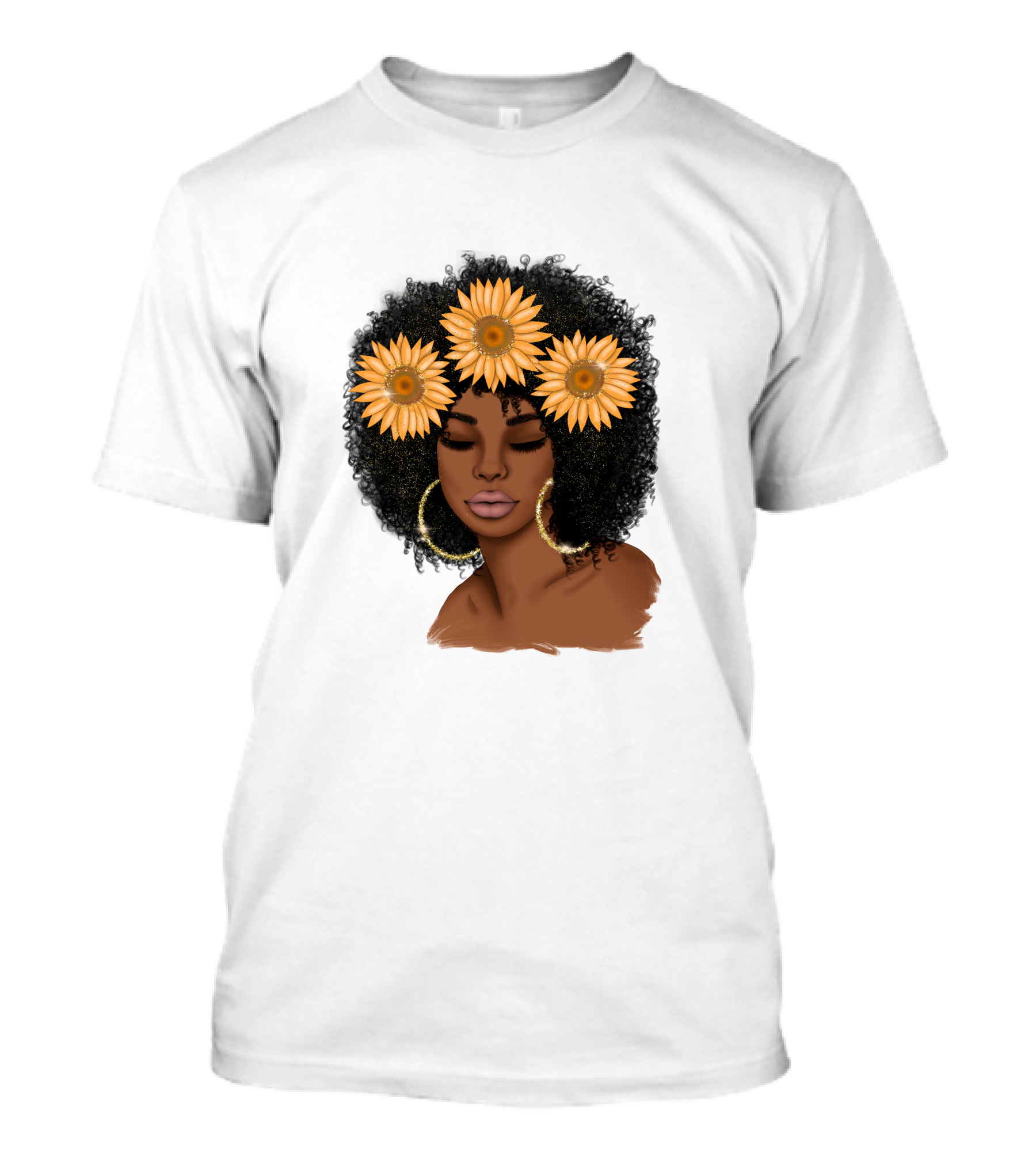 Afro Woman With Sunflowers And Hoop Earrings T-Shirt