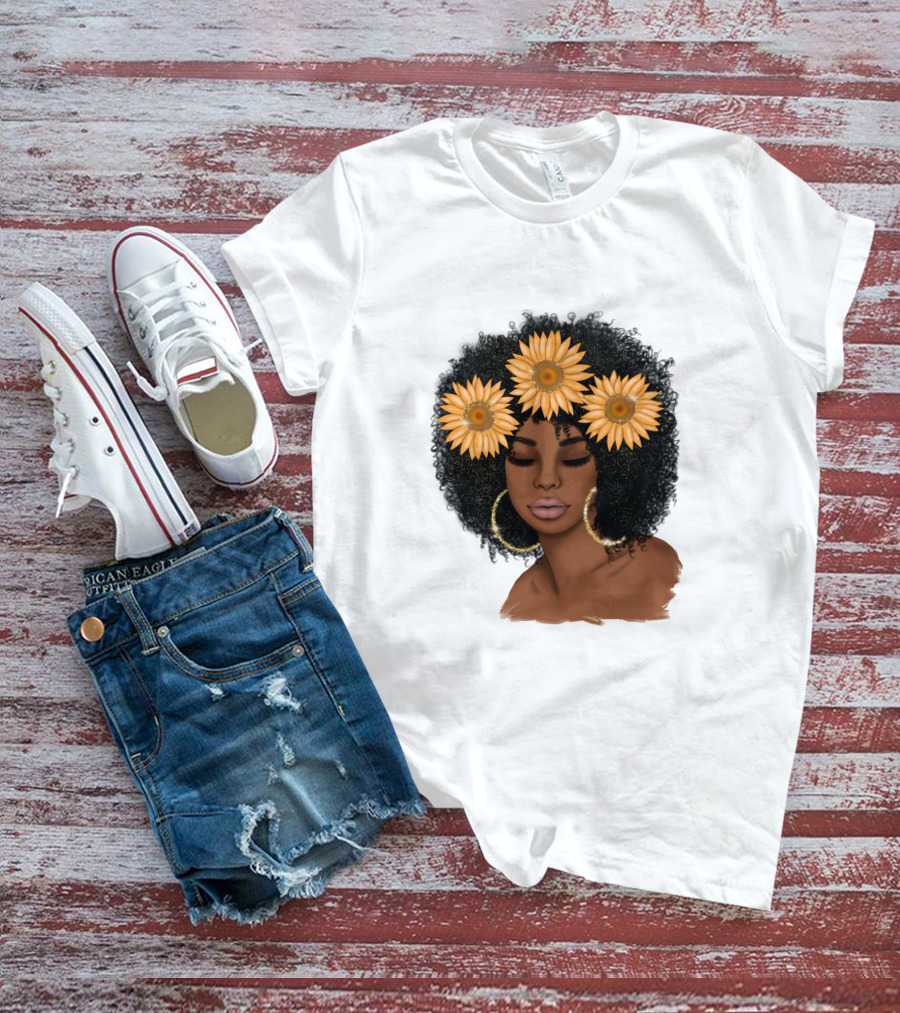 Afro Woman With Sunflowers And Hoop Earrings T-Shirt