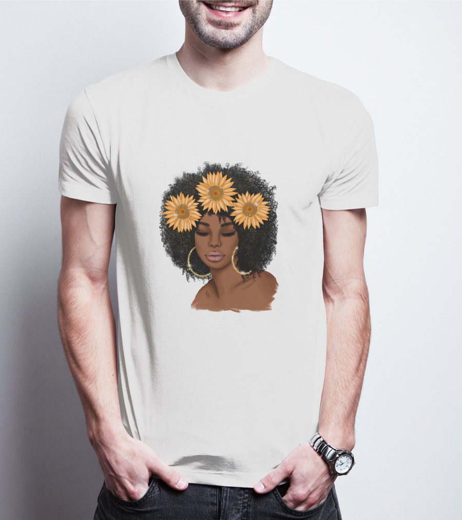 Afro Woman With Sunflowers And Hoop Earrings T-Shirt