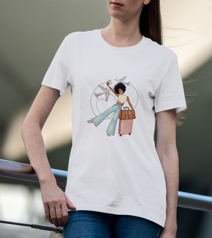 Traveling African American Girl With Suitcase And Airplanes T-Shirt