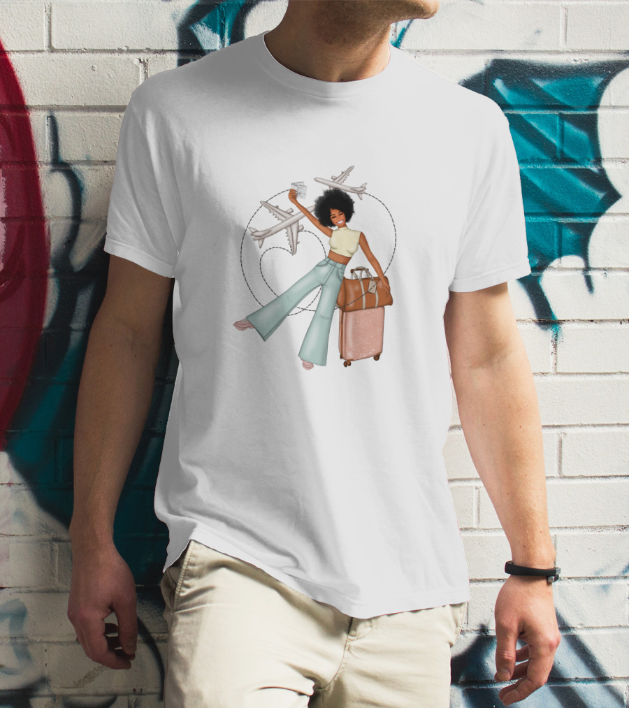 Traveling African American Girl With Suitcase And Airplanes T-Shirt