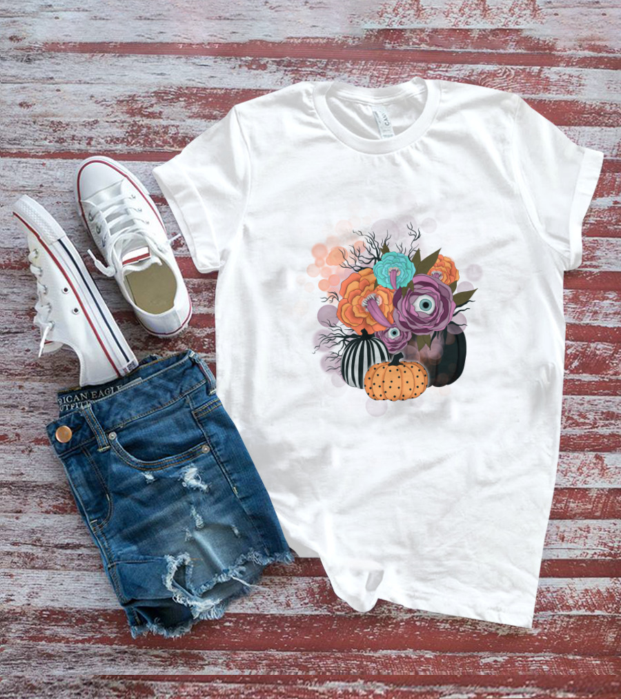 Whimsical Halloween Pumpkin Floral Arrangement With Eyeball Flowers T-Shirt