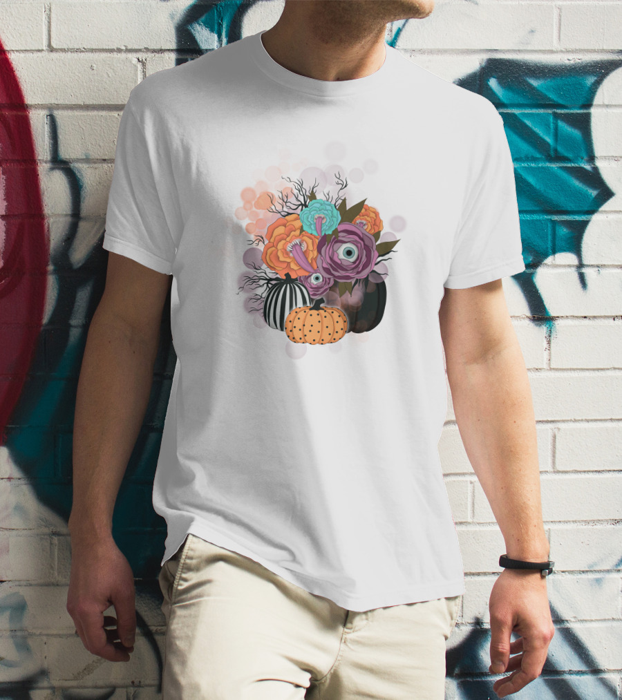 Whimsical Halloween Pumpkin Floral Arrangement With Eyeball Flowers T-Shirt