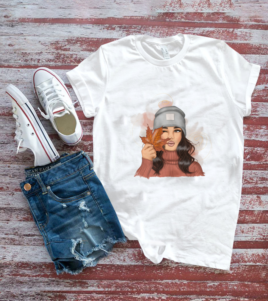 Autumn Girl Cozy Sweater And Beanie With Leaves T-Shirt