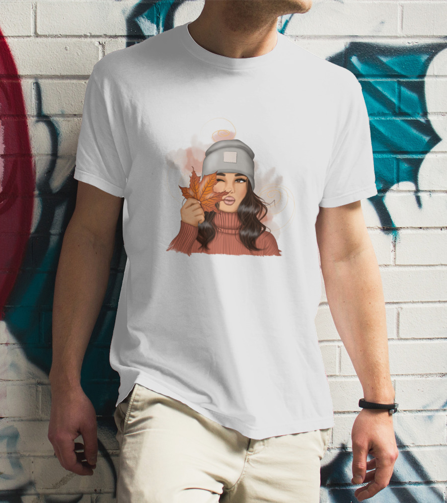 Autumn Girl Cozy Sweater And Beanie With Leaves T-Shirt