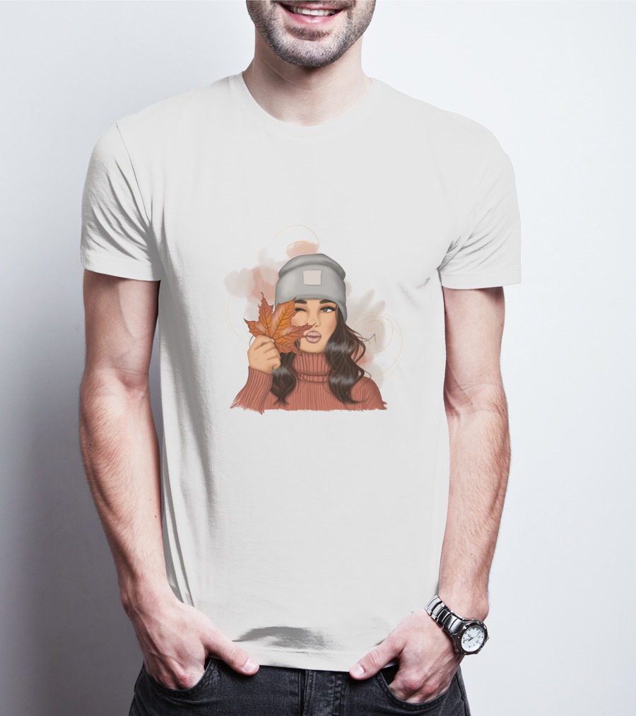 Autumn Girl Cozy Sweater And Beanie With Leaves T-Shirt