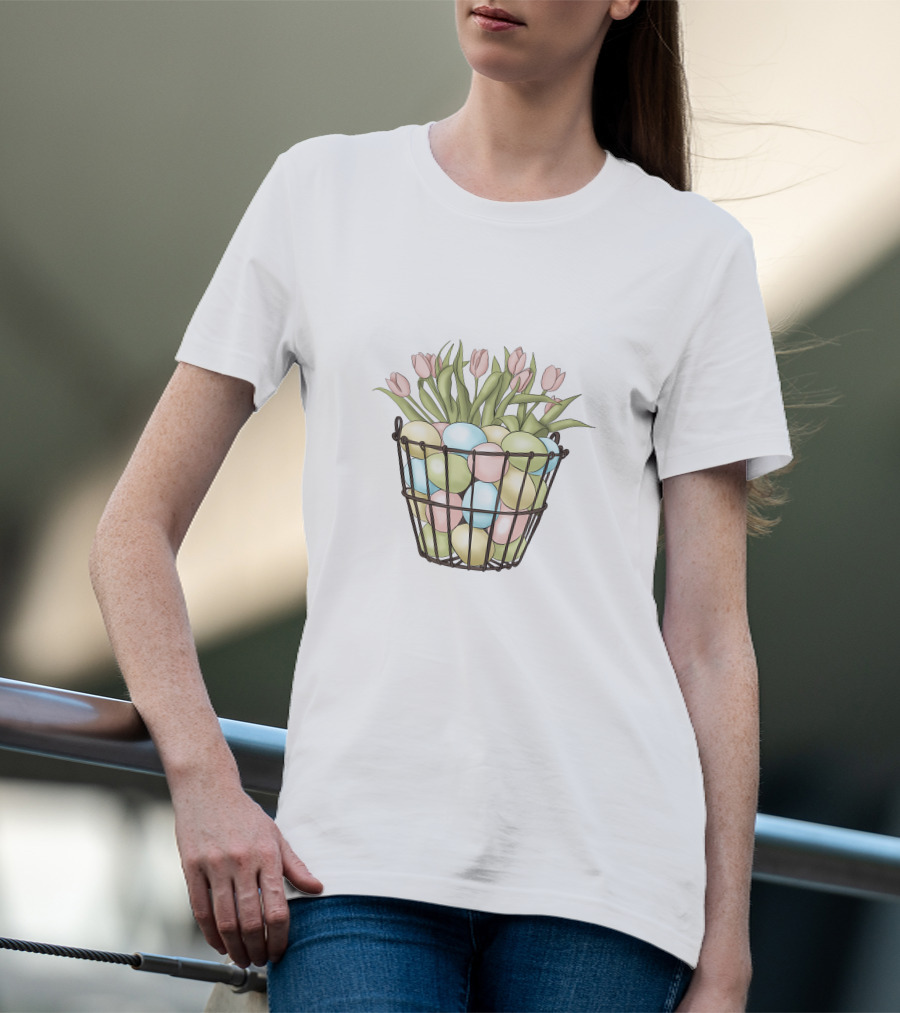 Easter Eggs And Tulips In Basket T-Shirt