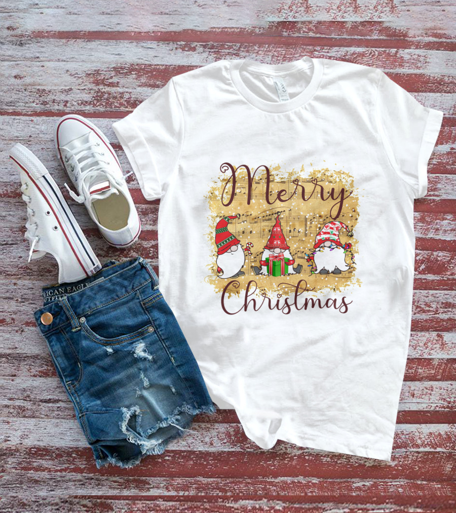 Merry Christmas Gnomies Holiday Music Sheet And Festive Gnomes T-Shirt