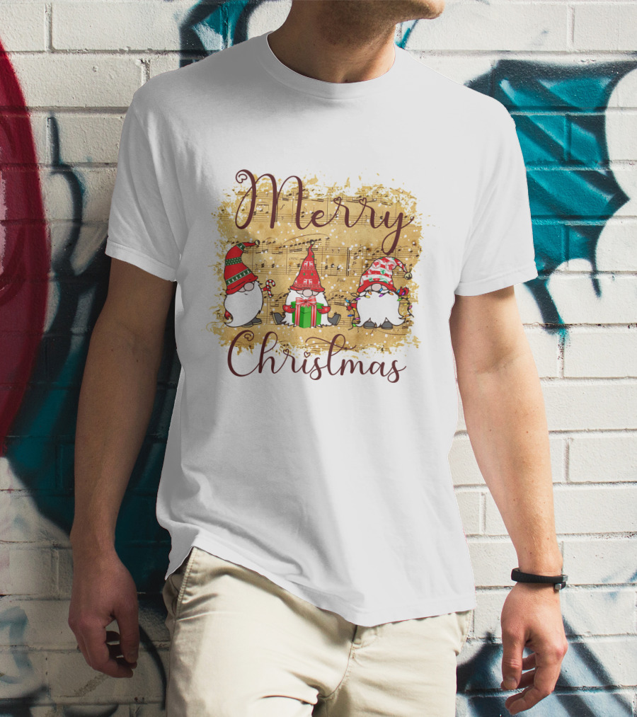 Merry Christmas Gnomies Holiday Music Sheet And Festive Gnomes T-Shirt
