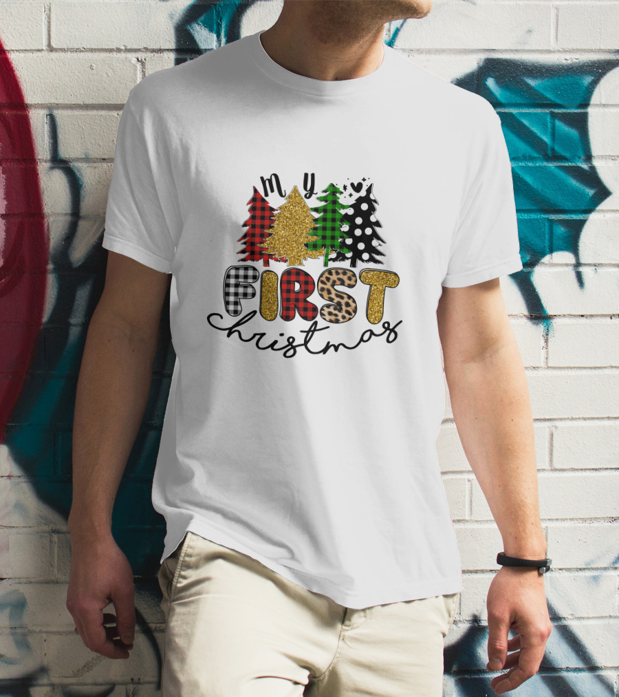 My First Christmas Plaid Glitter Trees Mixed T-Shirt