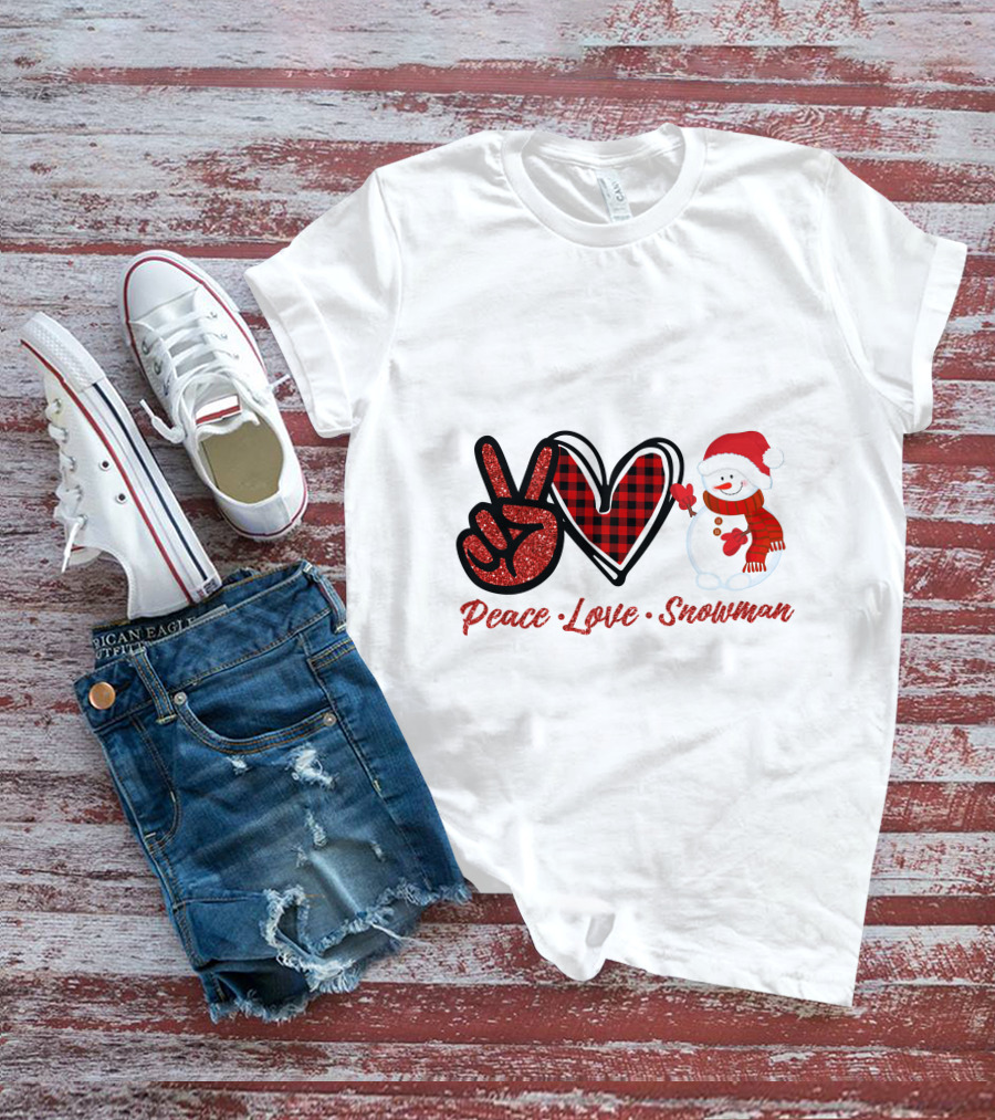 Peace Love Snowman Plaid Heart Glitter Peace Sign T-Shirt