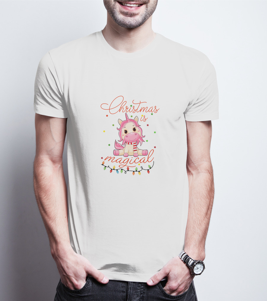 Christmas Is Magical Unicorn With Festive Lights And Stars T-Shirt