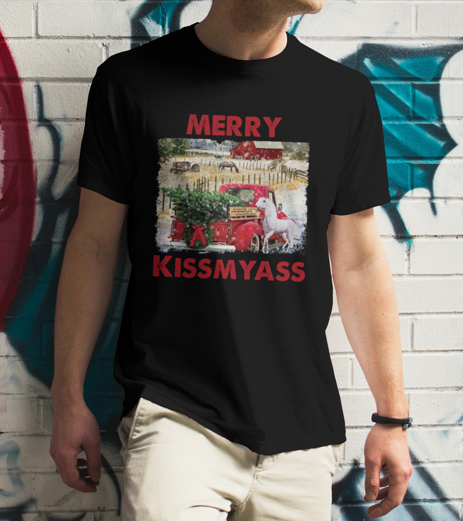 Merry Kissmyass Vintage Truck Christmas Scene With Horse In Snowy Farm Landscape T-Shirt