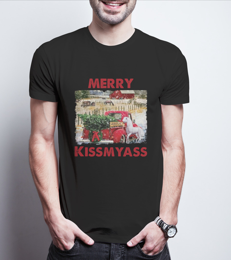 Merry Kissmyass Vintage Truck Christmas Scene With Horse In Snowy Farm Landscape T-Shirt