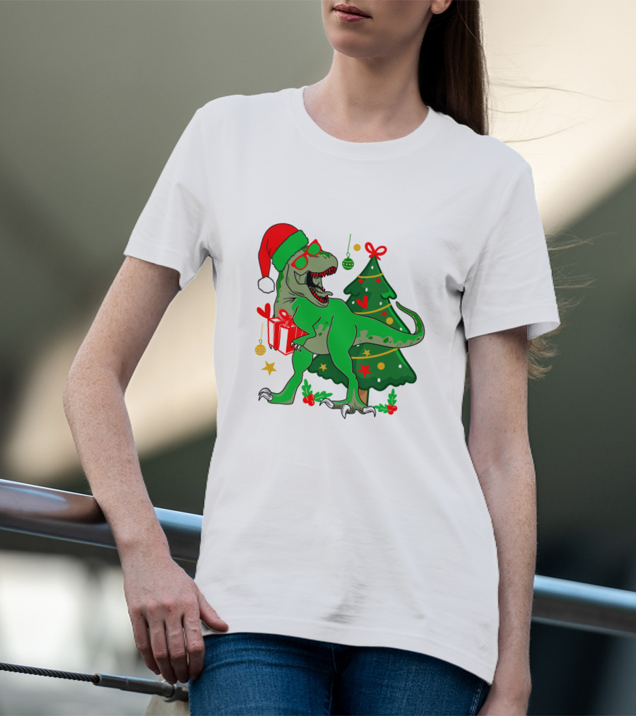 Christmas Dinosaur Santa With Tree And Gift T-Shirt