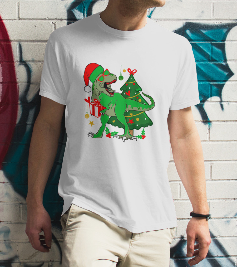 Christmas Dinosaur Santa With Tree And Gift T-Shirt