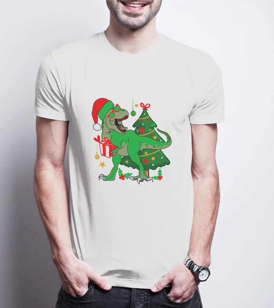 Christmas Dinosaur Santa With Tree And Gift T-Shirt
