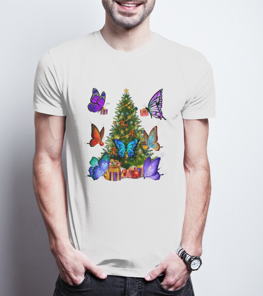 Butterfly Christmas Tree With Colorful Presents And Butterflies T-Shirt