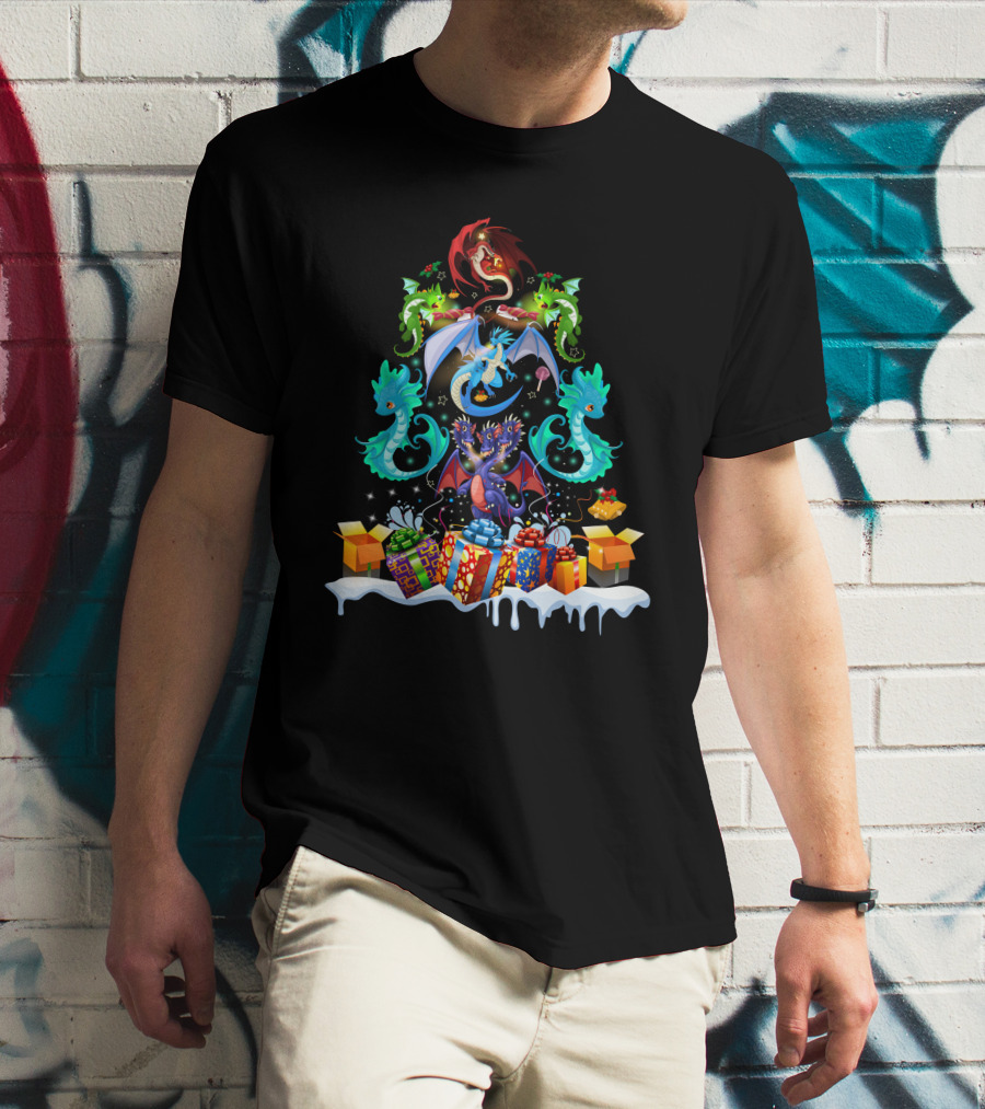 Christmas Dragon Family With Gift Boxes And Snowy Scene T-Shirt