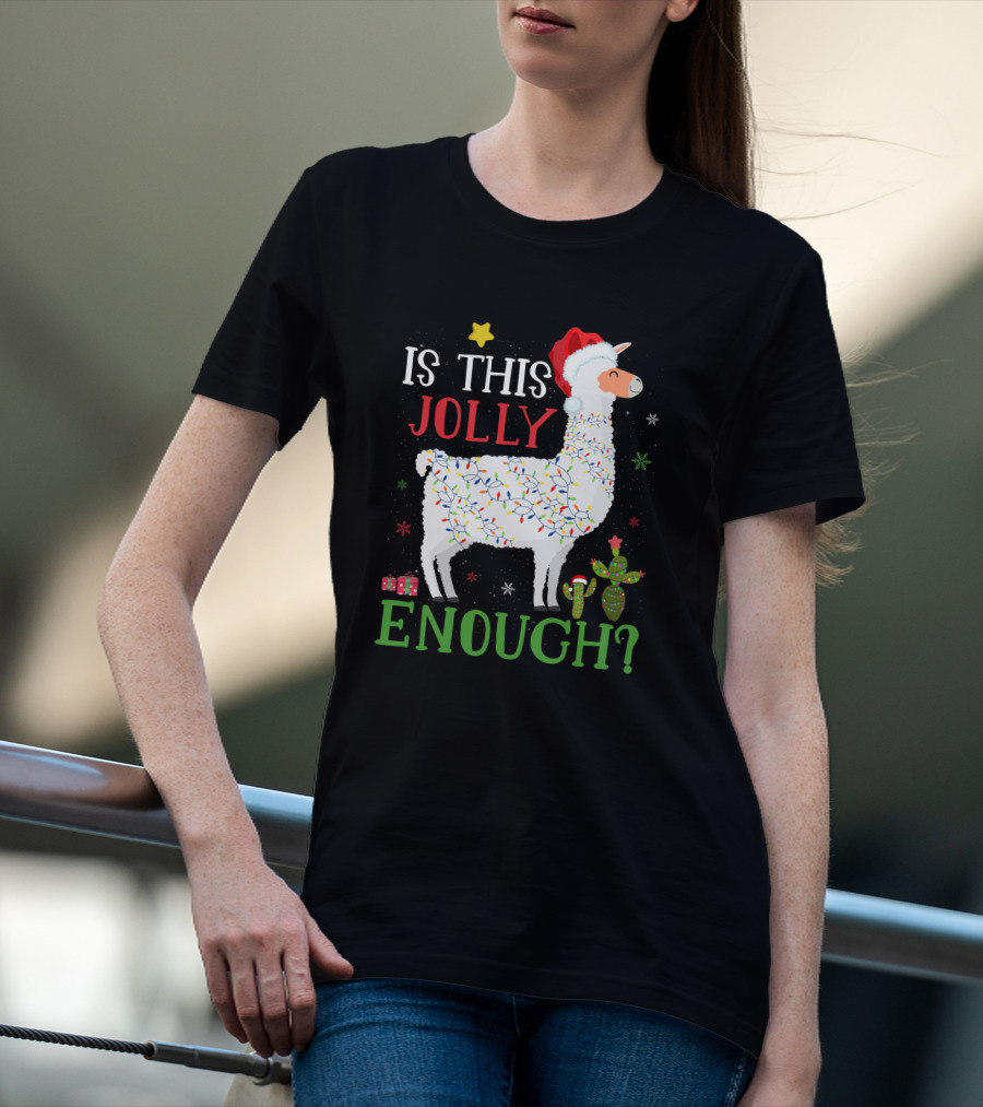 Is This Jolly Enough Christmas Lights Llama Santa Hat T-Shirt