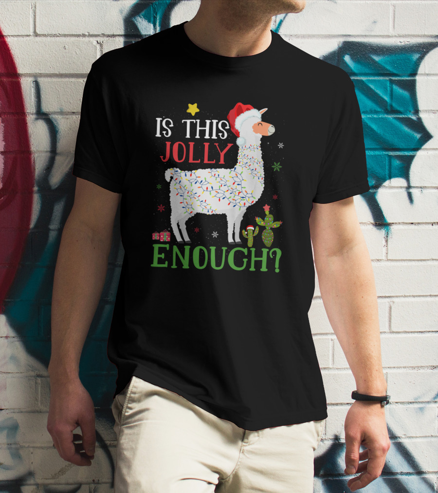 Is This Jolly Enough Christmas Lights Llama Santa Hat T-Shirt