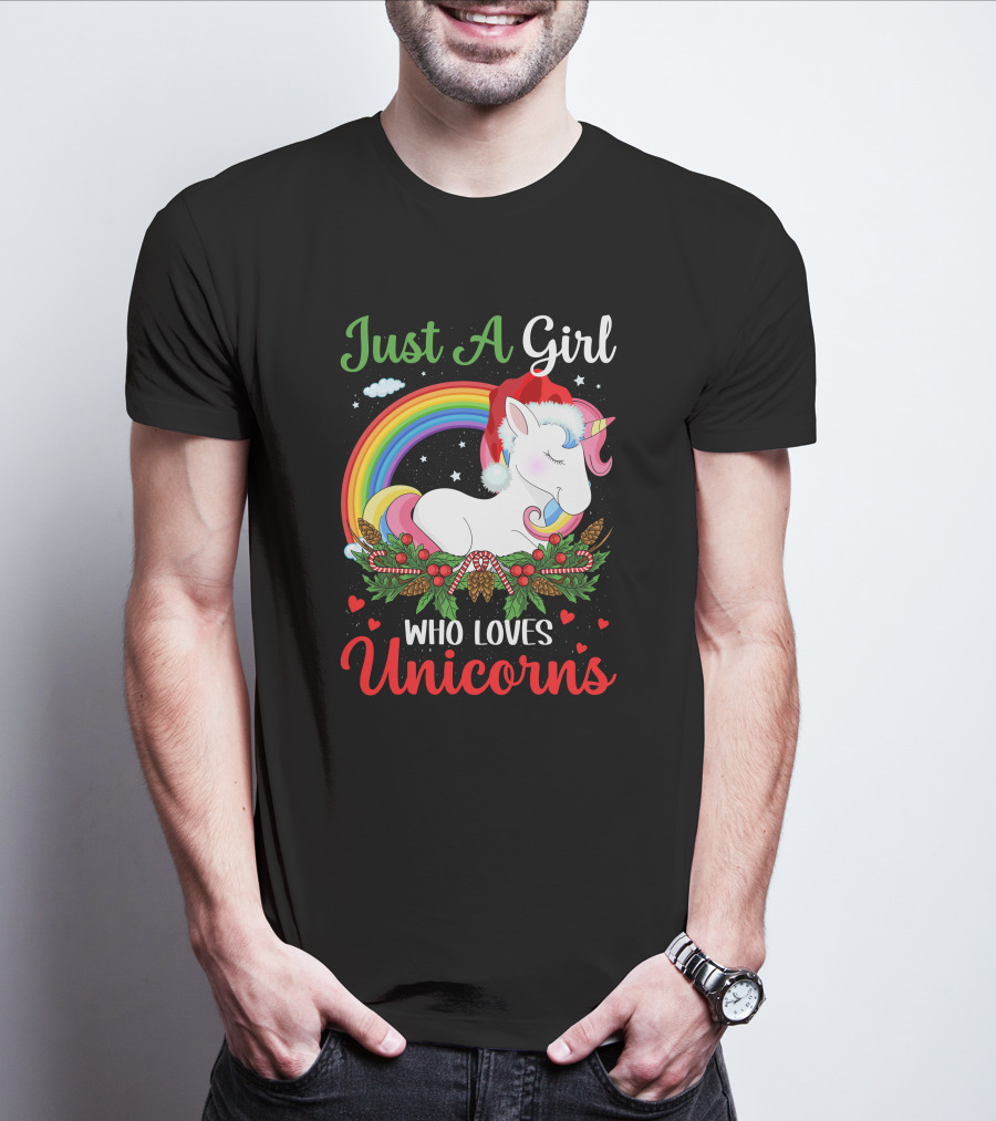 Just A Girl Who Loves Unicorns Rainbow Christmas Santa Hat T-Shirt